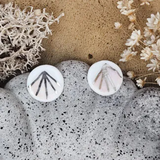 Rose pink fine ceramic porcelain hypoallergenic stud designer earrings for sensitive ears - hand-painted artisan geometric shell pattern with silver accents (white gold)