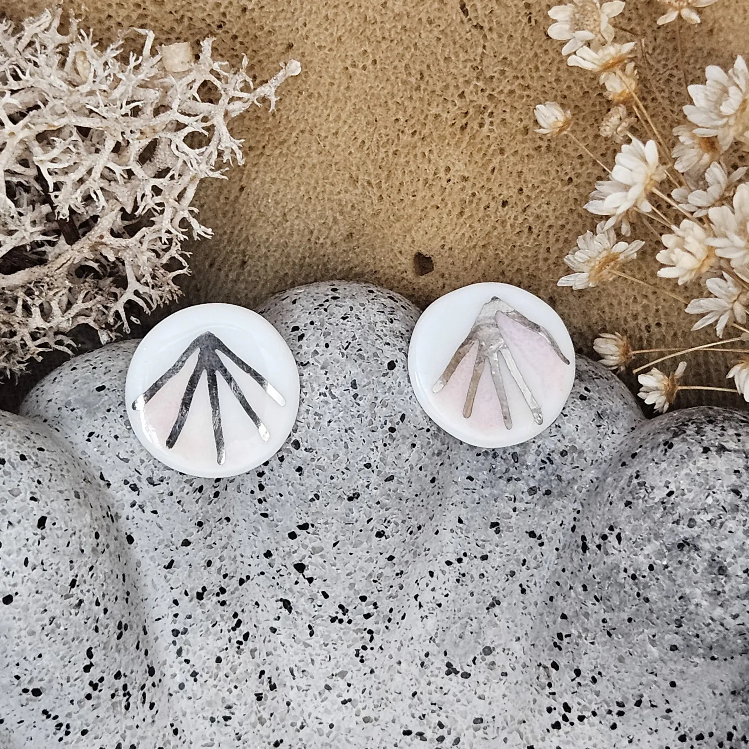 Rose pink fine ceramic porcelain hypoallergenic stud designer earrings for sensitive ears - hand-painted artisan geometric shell pattern with silver accents (white gold)