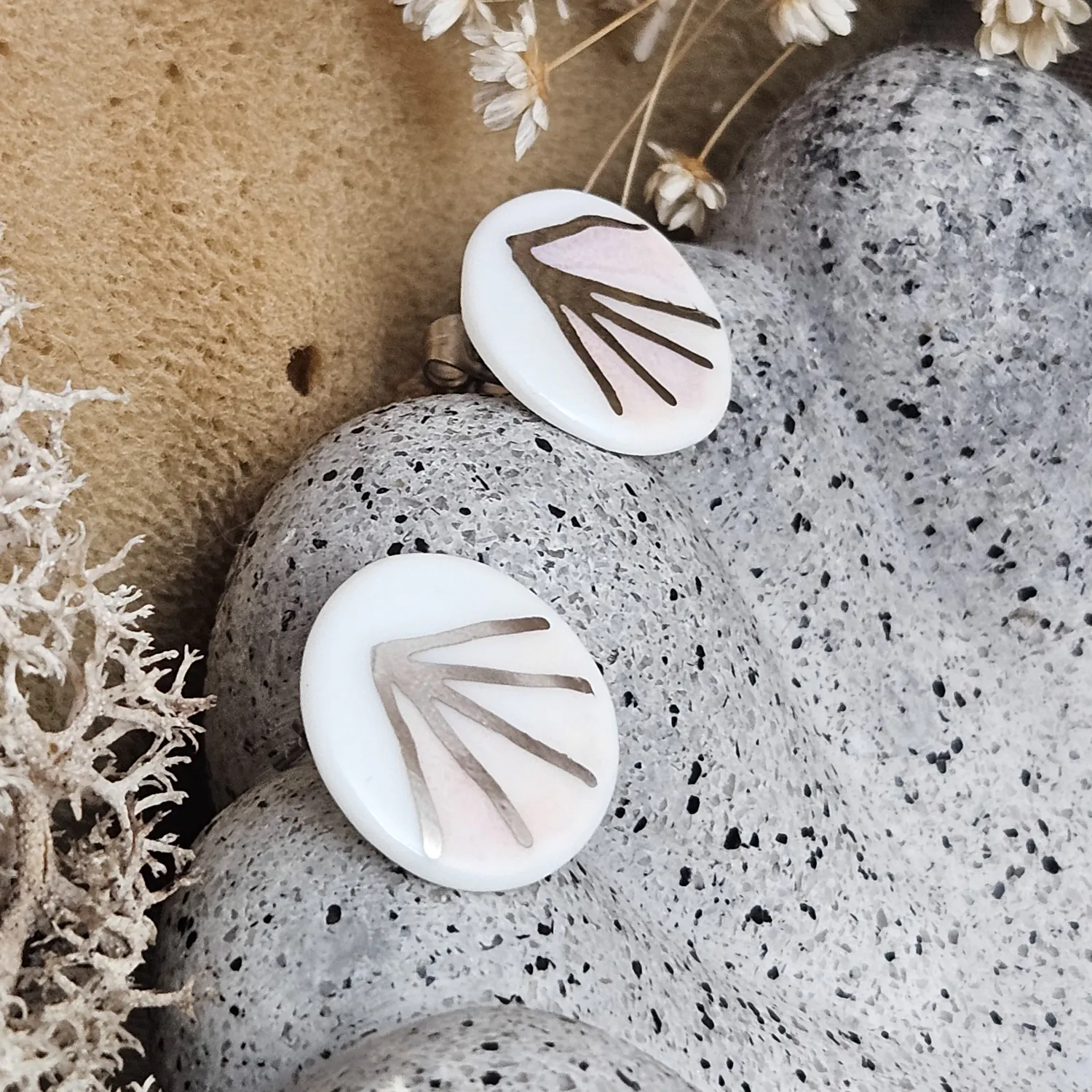 Rose pink fine ceramic porcelain hypoallergenic stud designer earrings for sensitive ears - hand-painted artisan geometric shell pattern with silver accents (white gold) - Image 2