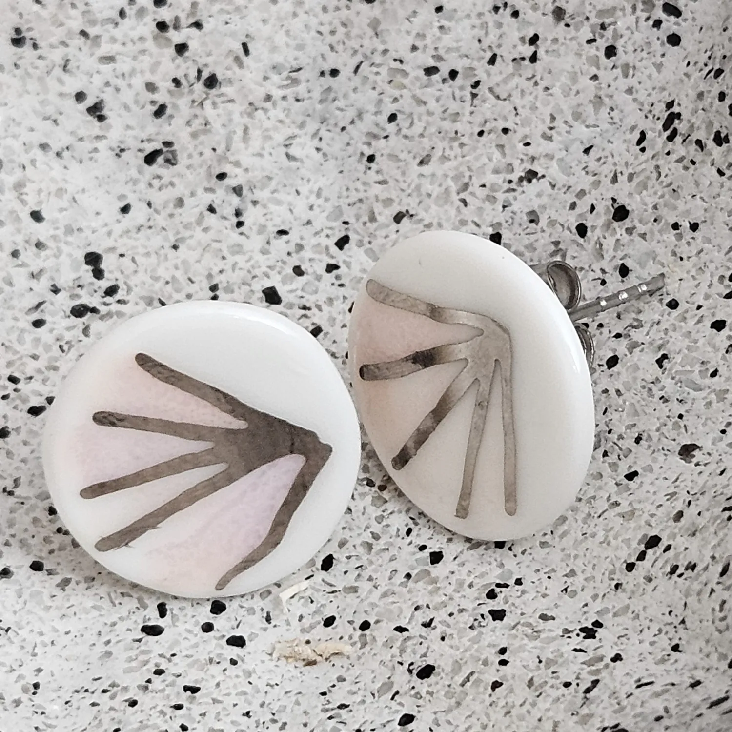 Rose pink fine ceramic porcelain hypoallergenic stud designer earrings for sensitive ears - hand-painted artisan geometric shell pattern with silver accents (white gold) - Image 3