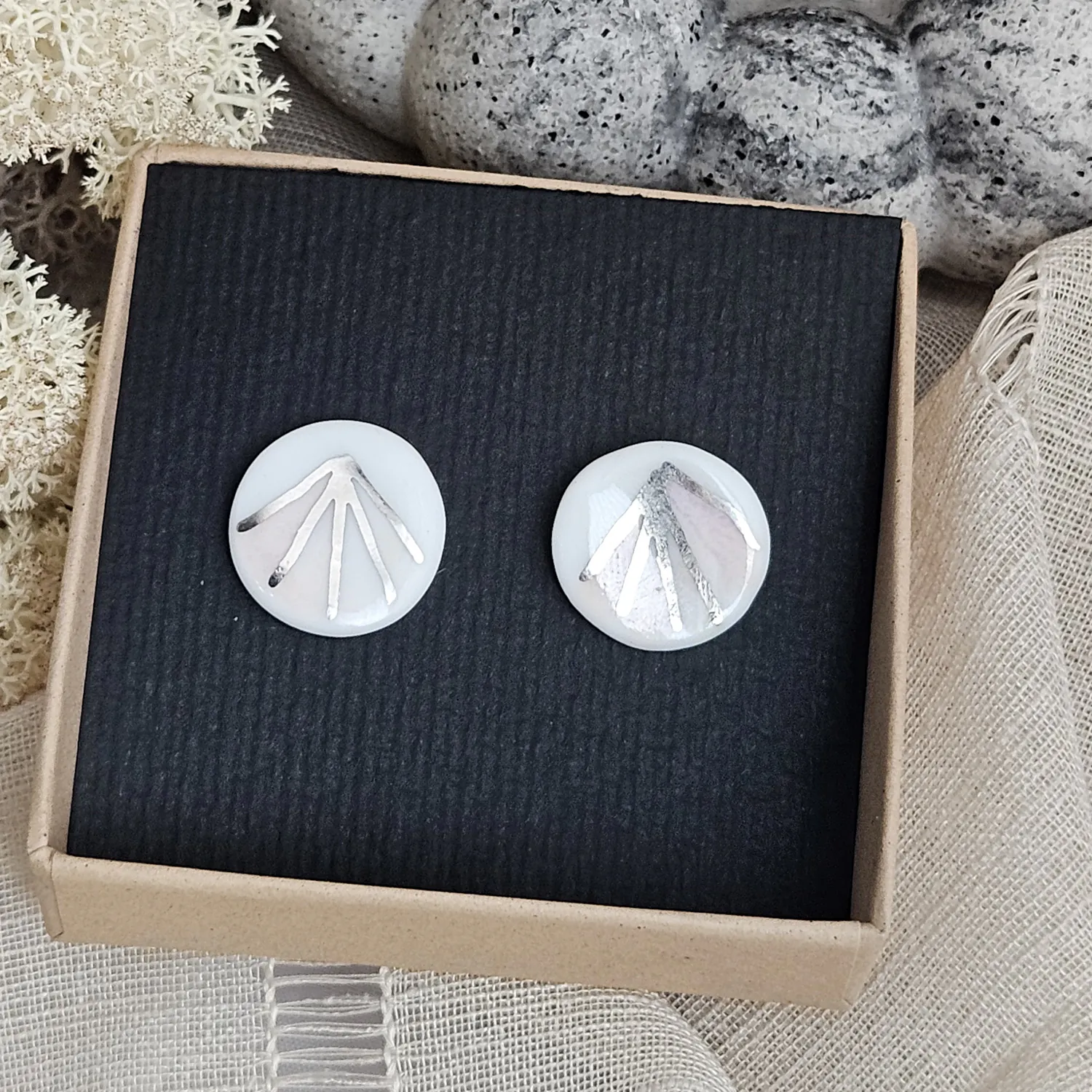 Rose pink fine ceramic porcelain hypoallergenic stud designer earrings for sensitive ears - hand-painted artisan geometric shell pattern with silver accents (white gold) - Image 6