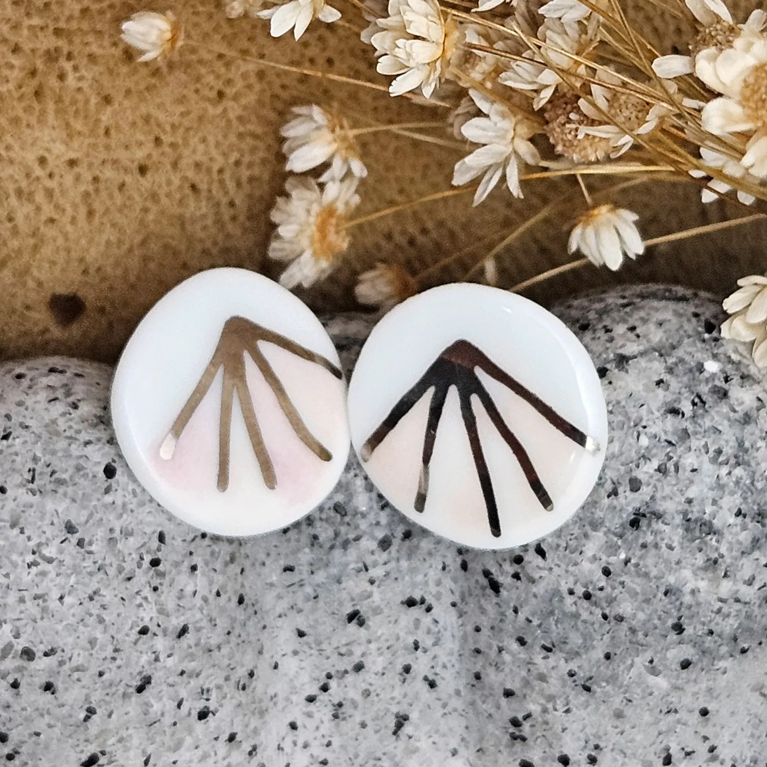Rose pink fine ceramic porcelain hypoallergenic stud designer earrings for sensitive ears - hand-painted artisan geometric shell pattern with silver accents (white gold)