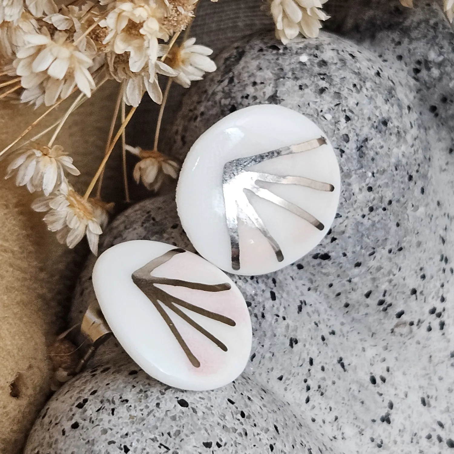 Rose pink fine ceramic porcelain hypoallergenic stud designer earrings for sensitive ears - hand-painted artisan geometric shell pattern with silver accents (white gold) - Image 2