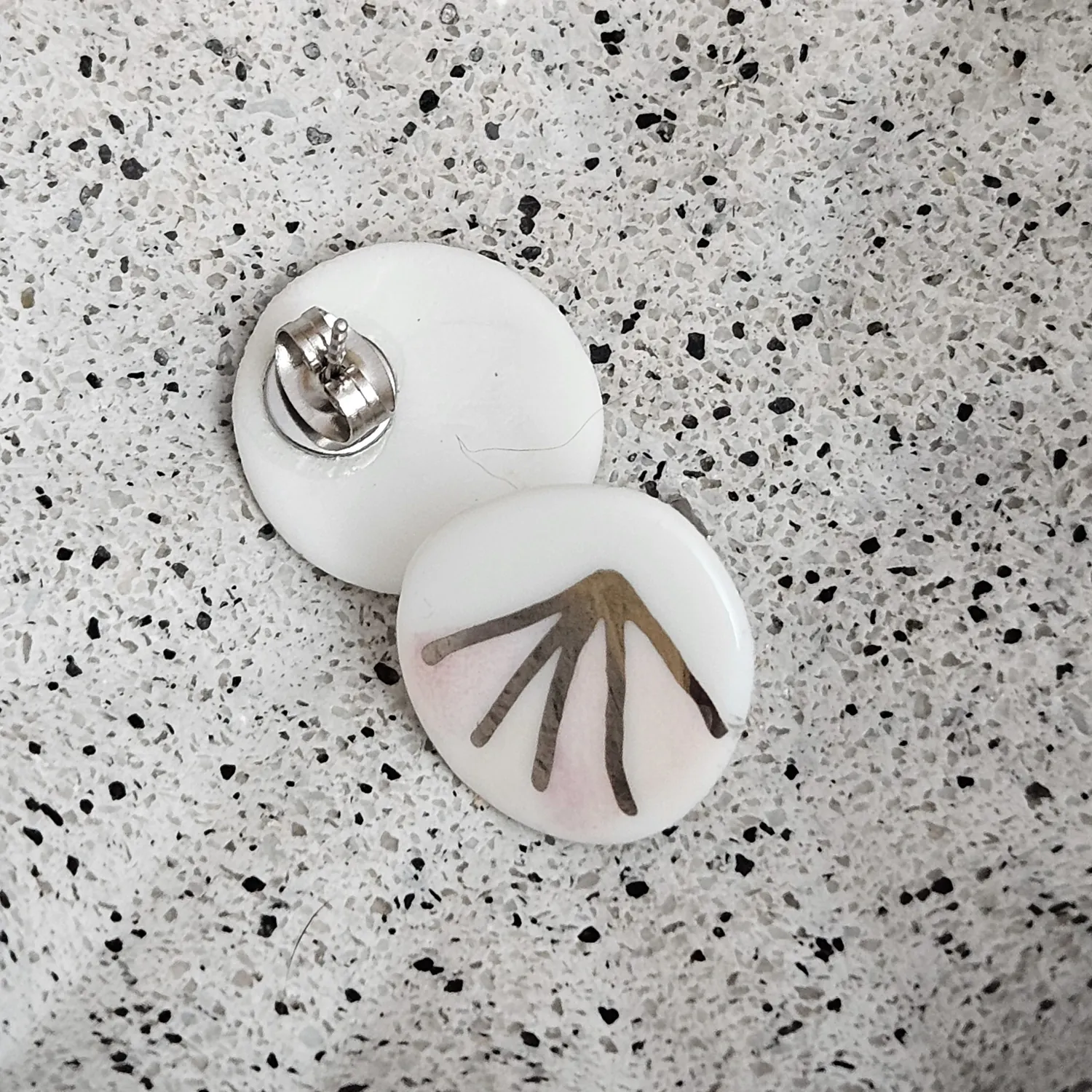 Rose pink fine ceramic porcelain hypoallergenic stud designer earrings for sensitive ears - hand-painted artisan geometric shell pattern with silver accents (white gold) - Image 4