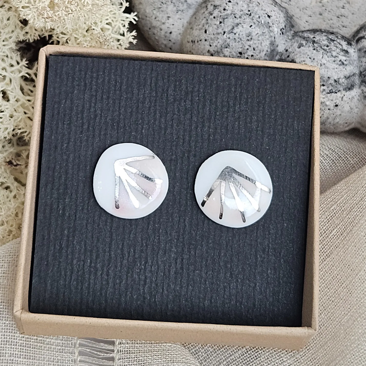 Rose pink fine ceramic porcelain hypoallergenic stud designer earrings for sensitive ears - hand-painted artisan geometric shell pattern with silver accents (white gold) - Image 5
