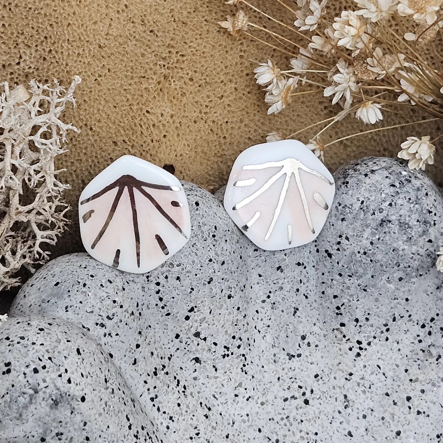 Rose pink fine ceramic porcelain hypoallergenic stud designer earrings for sensitive ears - hand-painted artisan geometric shell pattern with silver accents (white gold)