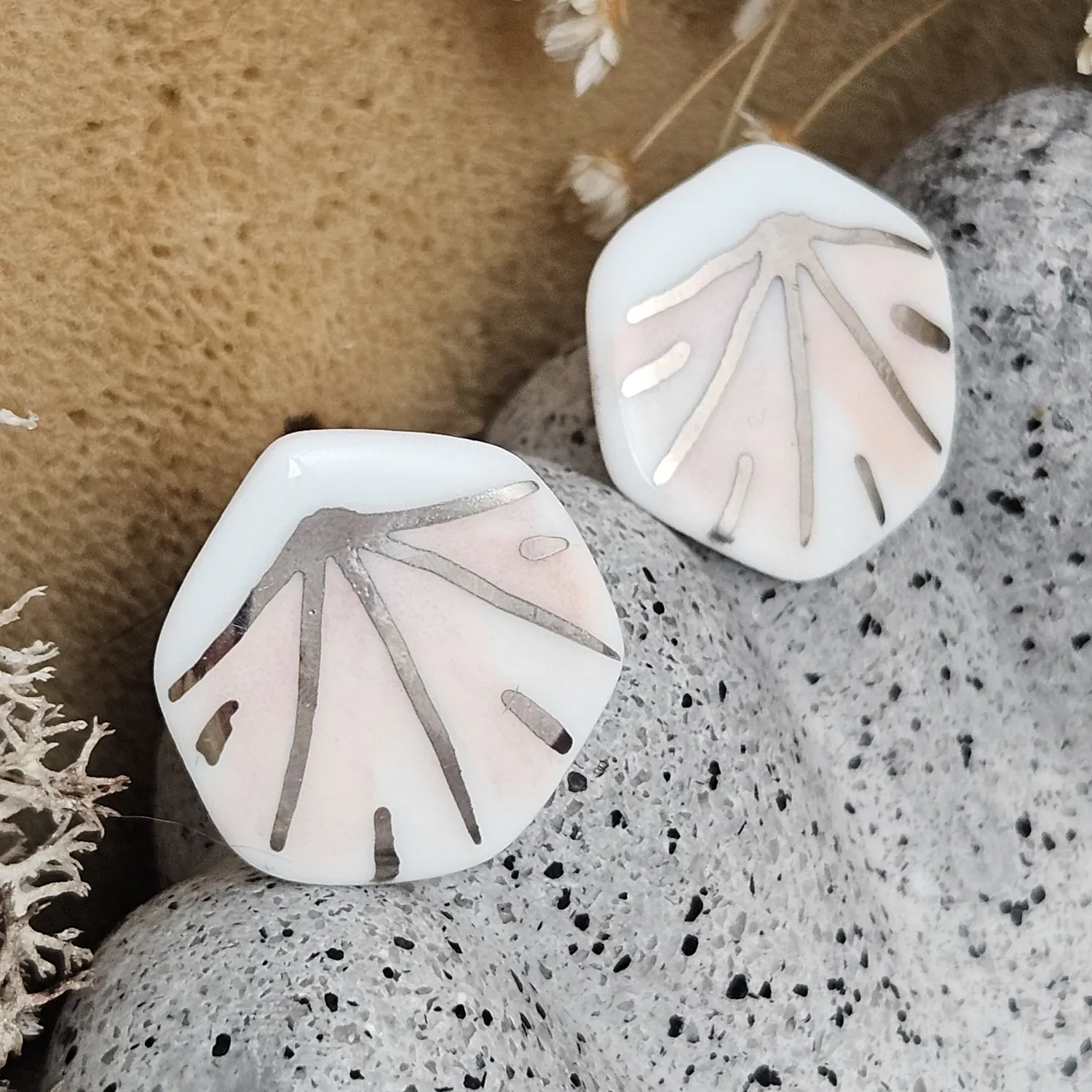 Rose pink fine ceramic porcelain hypoallergenic stud designer earrings for sensitive ears - hand-painted artisan geometric shell pattern with silver accents (white gold) - Image 2
