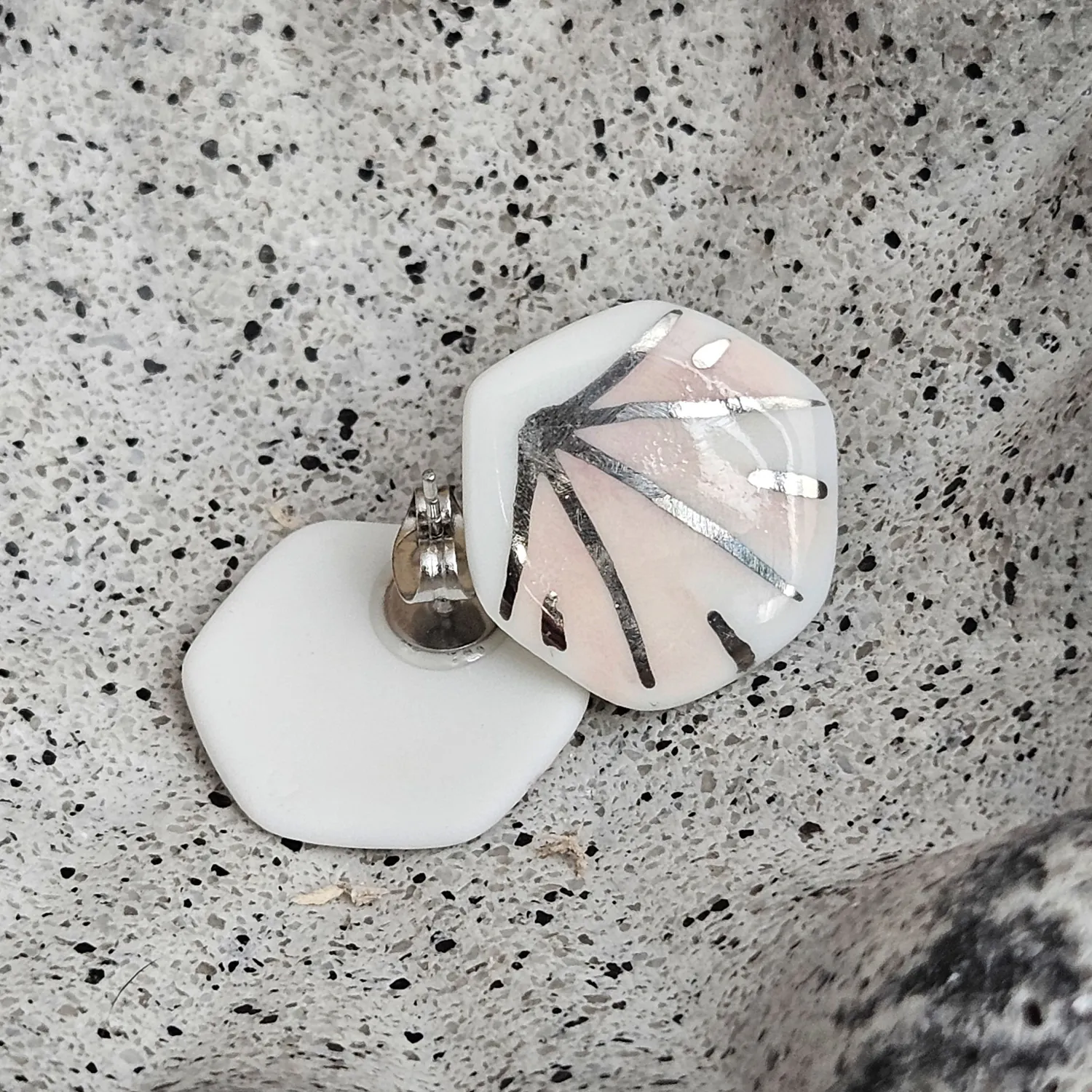 Rose pink fine ceramic porcelain hypoallergenic stud designer earrings for sensitive ears - hand-painted artisan geometric shell pattern with silver accents (white gold) - Image 3