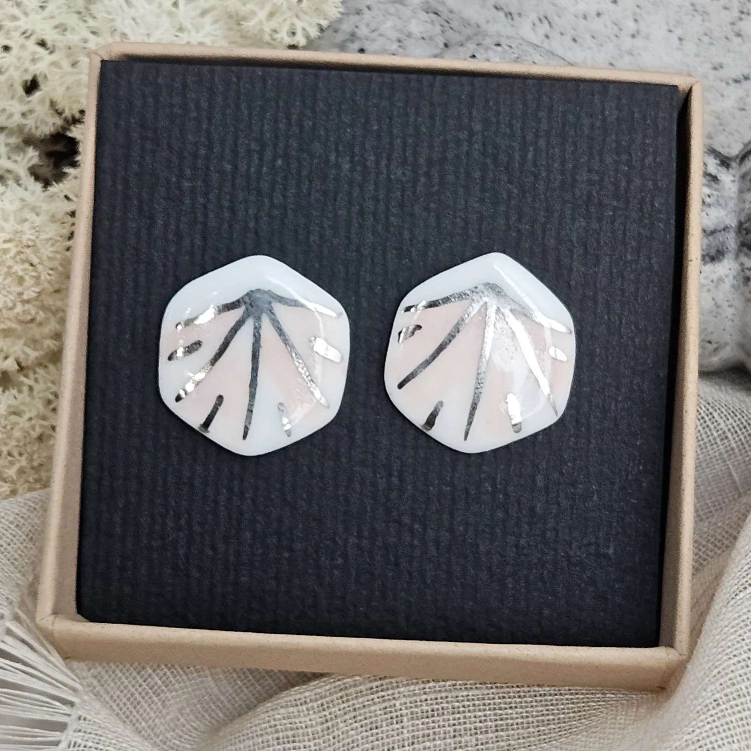 Rose pink fine ceramic porcelain hypoallergenic stud designer earrings for sensitive ears - hand-painted artisan geometric shell pattern with silver accents (white gold) - Image 5