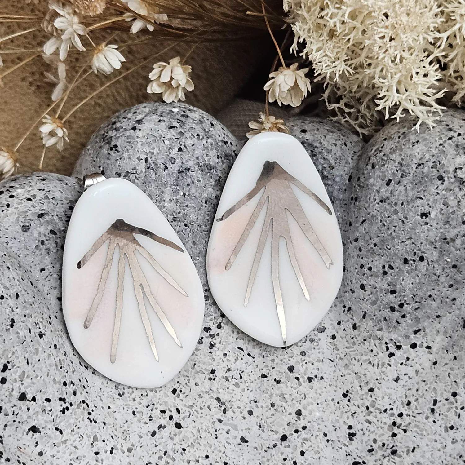 Rose pink fine ceramic porcelain hypoallergenic stud designer earrings for sensitive ears - hand-painted artisan geometric shell pattern with silver accents (white gold)