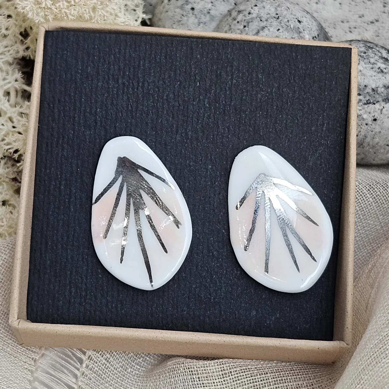 Rose pink fine ceramic porcelain hypoallergenic stud designer earrings for sensitive ears - hand-painted artisan geometric shell pattern with silver accents (white gold) - Image 5