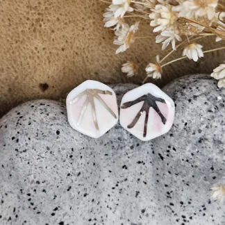 Rose pink fine ceramic porcelain hypoallergenic stud designer earrings for sensitive ears - hand-painted artisan geometric shell pattern with silver accents (white gold)