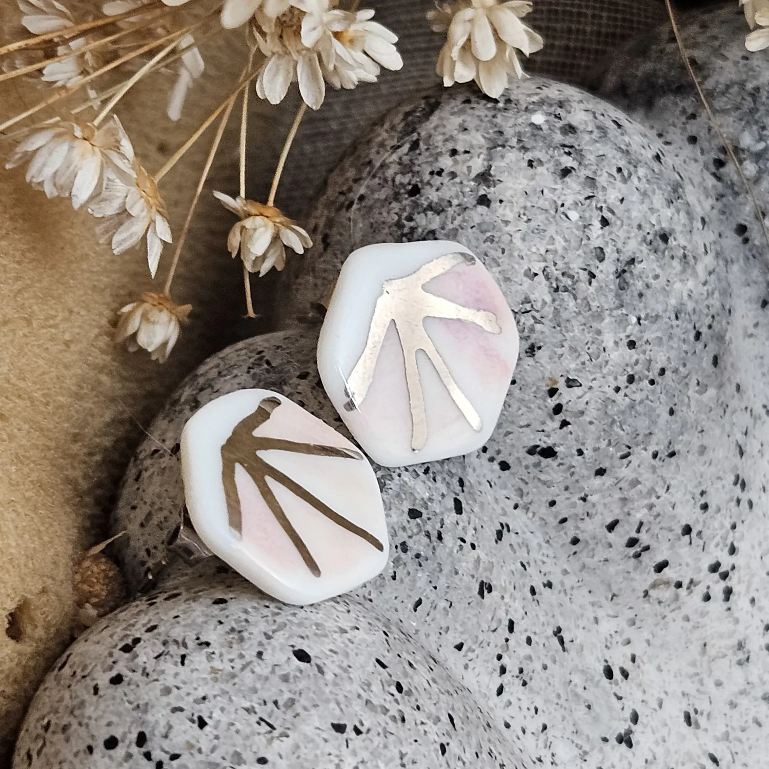 Rose pink fine ceramic porcelain hypoallergenic stud designer earrings for sensitive ears - hand-painted artisan geometric shell pattern with silver accents (white gold) - Image 2