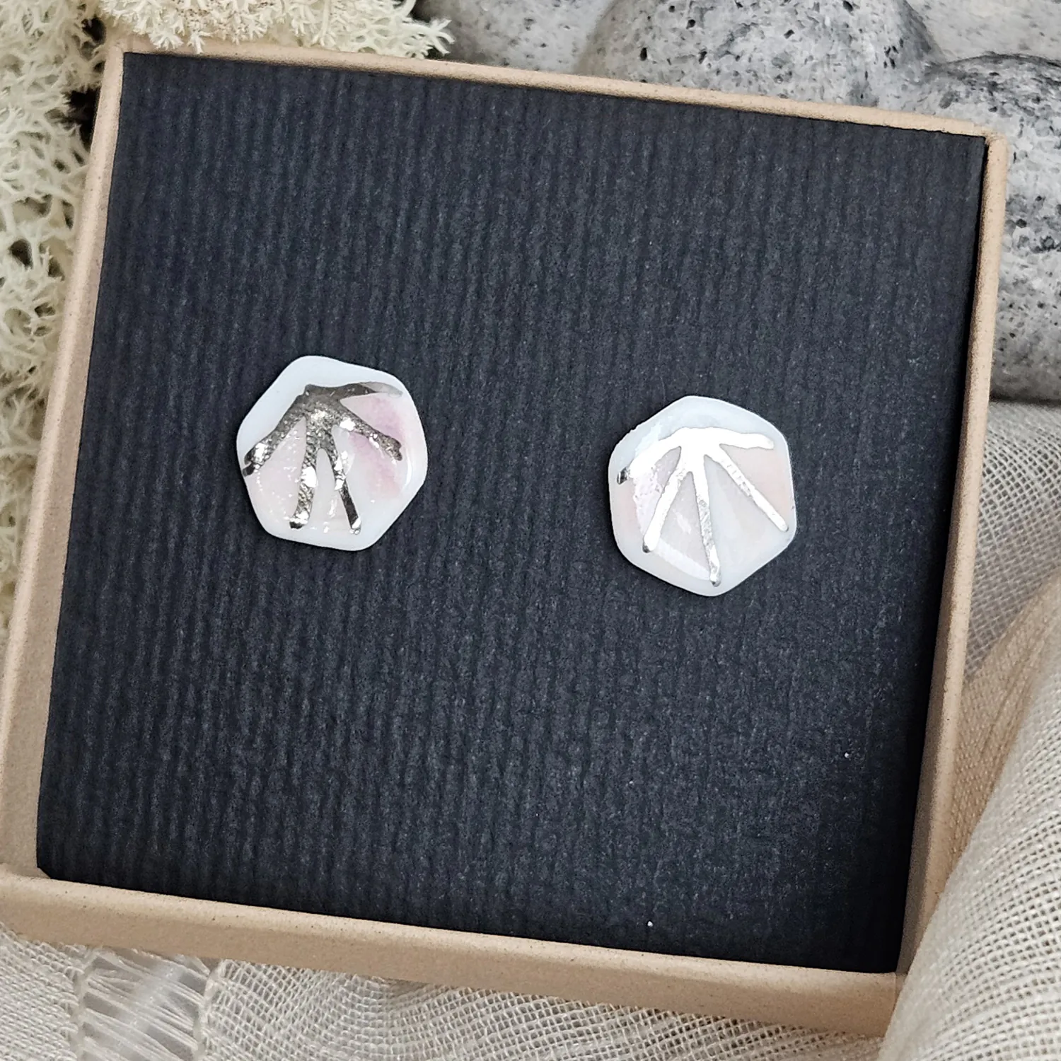 Rose pink fine ceramic porcelain hypoallergenic stud designer earrings for sensitive ears - hand-painted artisan geometric shell pattern with silver accents (white gold) - Image 4