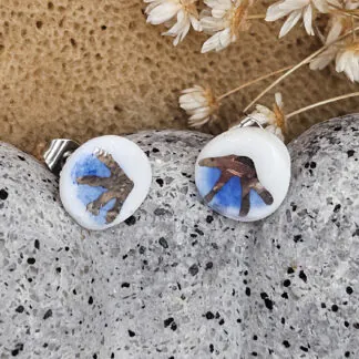 Cobalt blue fine ceramic porcelain hypoallergenic stud designer earrings for sensitive ears - hand-painted artisan geometric shell pattern with silver accents (white gold)