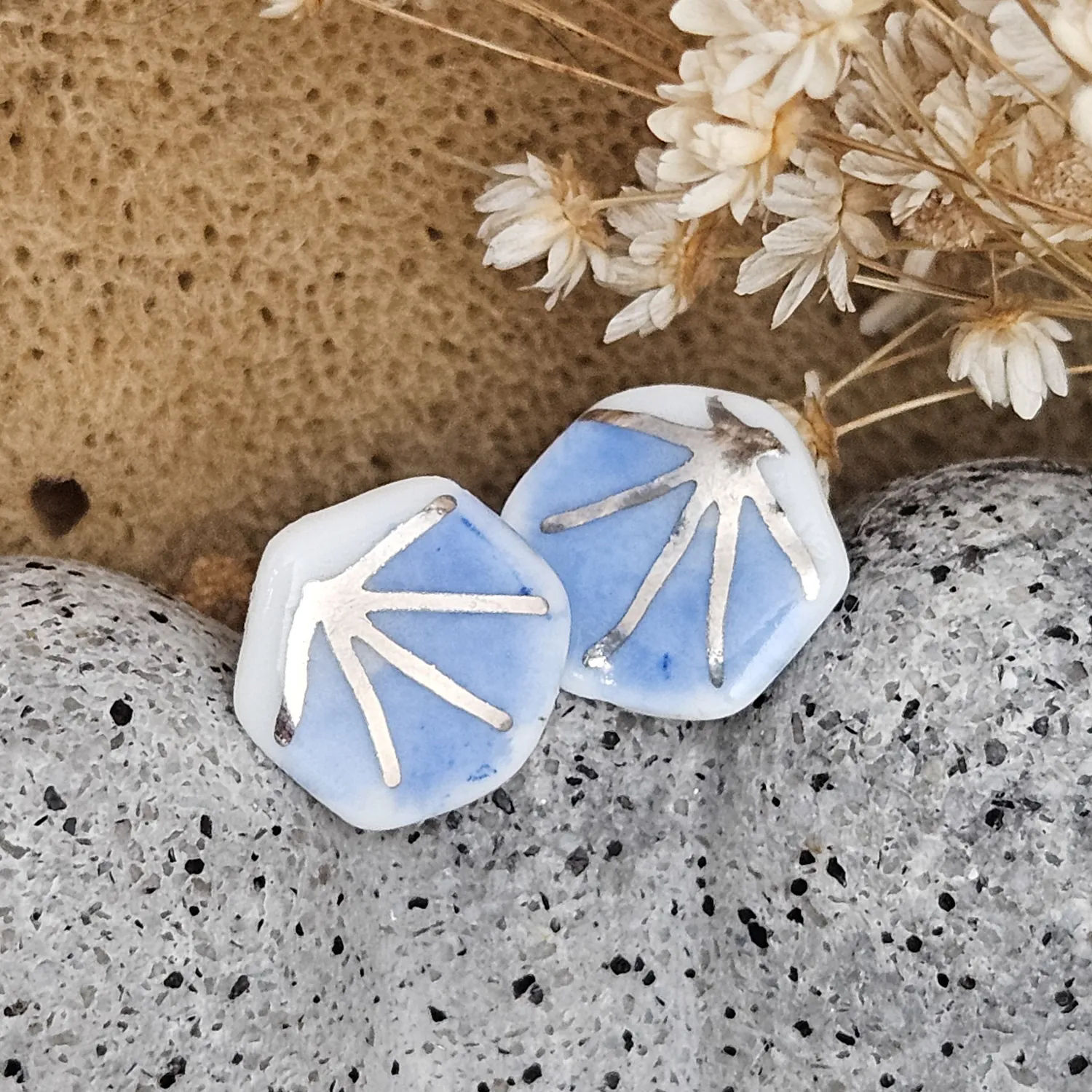 Cobalt blue fine ceramic porcelain hypoallergenic stud designer earrings for sensitive ears - hand-painted artisan geometric shell pattern with silver accents (white gold)