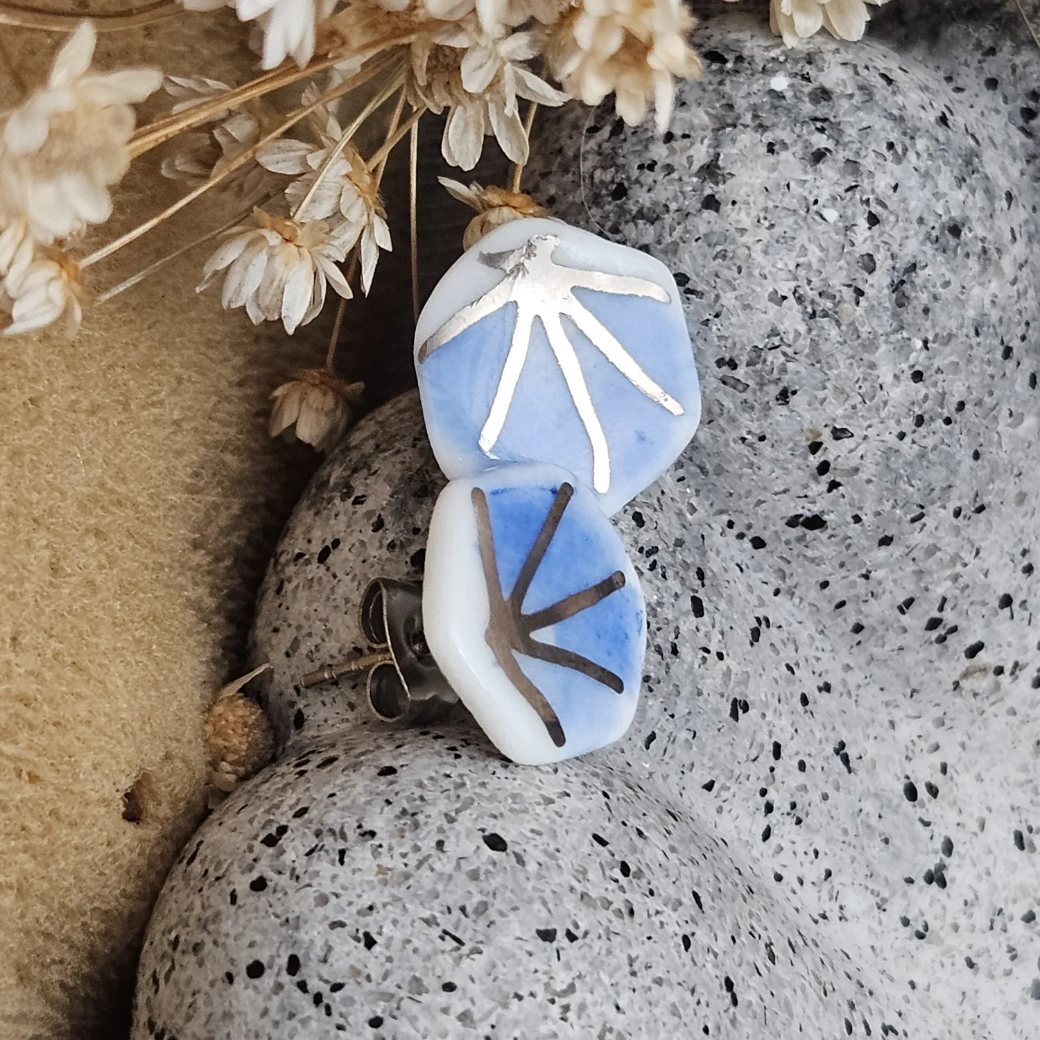 Cobalt blue fine ceramic porcelain hypoallergenic stud designer earrings for sensitive ears - hand-painted artisan geometric shell pattern with silver accents (white gold) - Image 2