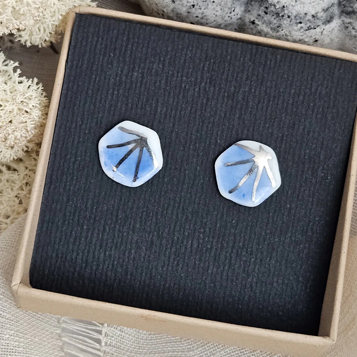 Cobalt blue fine ceramic porcelain hypoallergenic stud designer earrings for sensitive ears - hand-painted artisan geometric shell pattern with silver accents (white gold) - Image 4