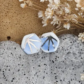 Cobalt blue fine ceramic porcelain hypoallergenic stud designer earrings for sensitive ears - hand-painted artisan geometric shell pattern with silver accents (white gold)