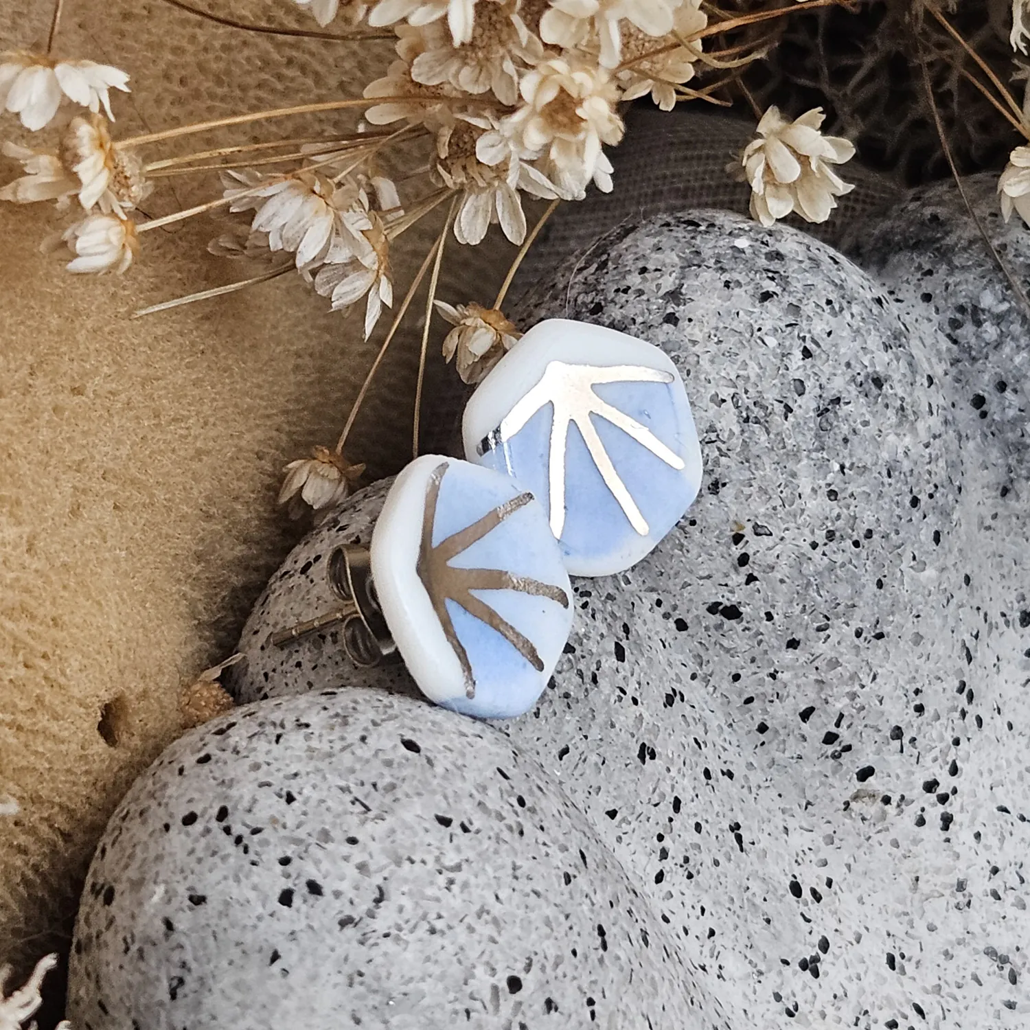 Cobalt blue fine ceramic porcelain hypoallergenic stud designer earrings for sensitive ears - hand-painted artisan geometric shell pattern with silver accents (white gold) - Image 2