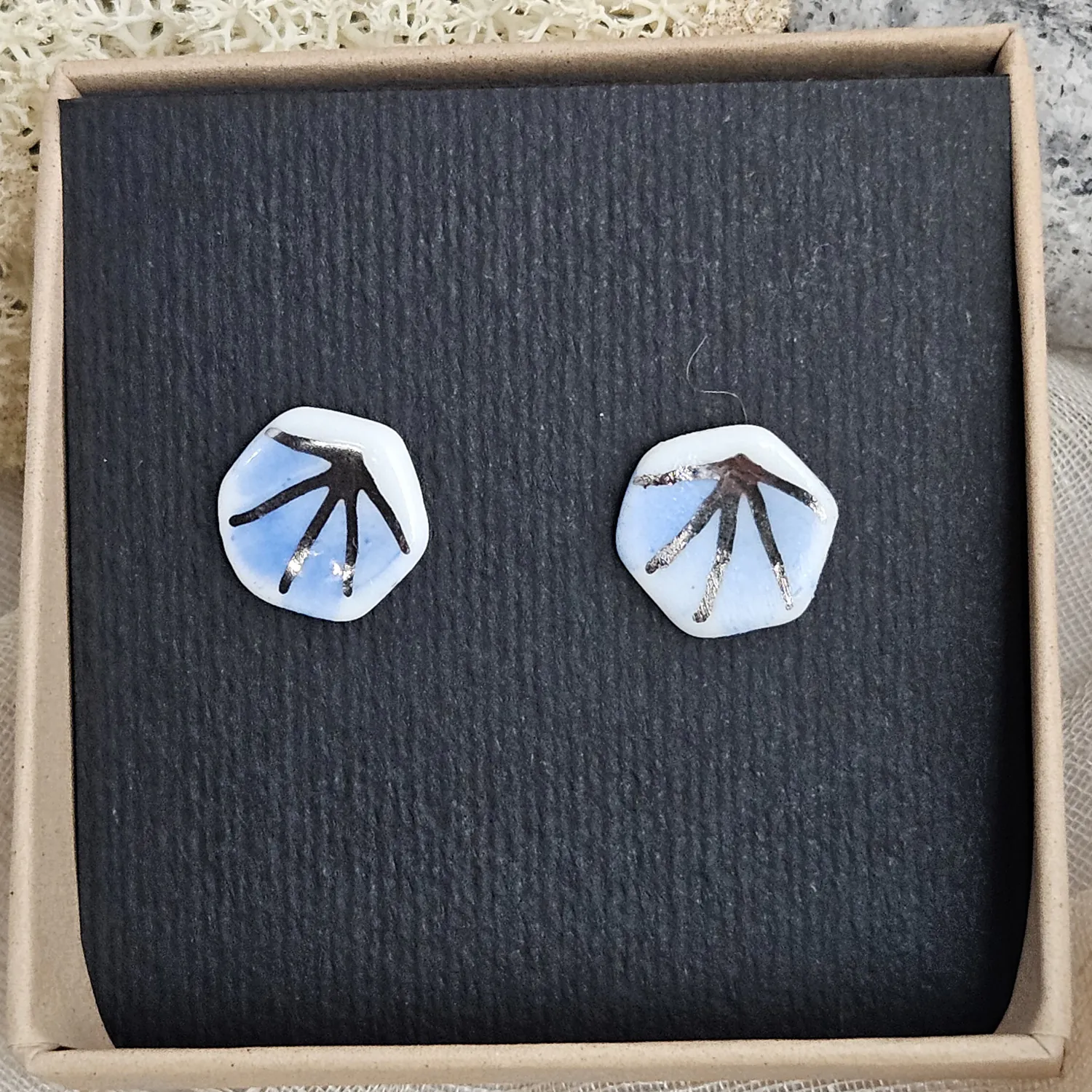 Cobalt blue fine ceramic porcelain hypoallergenic stud designer earrings for sensitive ears - hand-painted artisan geometric shell pattern with silver accents (white gold) - Image 4