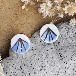 Cobalt blue fine ceramic porcelain hypoallergenic stud designer earrings for sensitive ears - hand-painted artisan geometric shell pattern with silver accents (white gold)