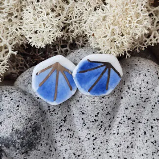 Cobalt blue fine ceramic porcelain hypoallergenic stud designer earrings for sensitive ears - hand-painted artisan geometric shell pattern with silver accents (white gold)