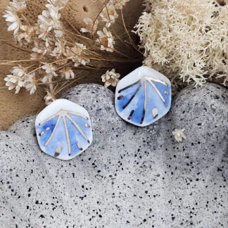 Cobalt blue fine ceramic porcelain hypoallergenic stud designer earrings for sensitive ears - hand-painted artisan geometric shell pattern with silver accents (white gold)