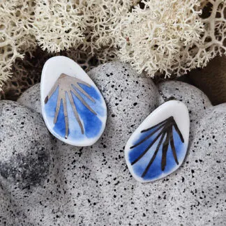 Cobalt blue fine ceramic porcelain hypoallergenic stud designer earrings for sensitive ears - hand-painted artisan geometric shell pattern with silver accents (white gold)