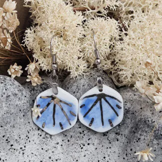 Cobalt blue fine ceramic porcelain dangle designer earrings - hand-painted artisan geometric shell pattern with silver accents (white gold)