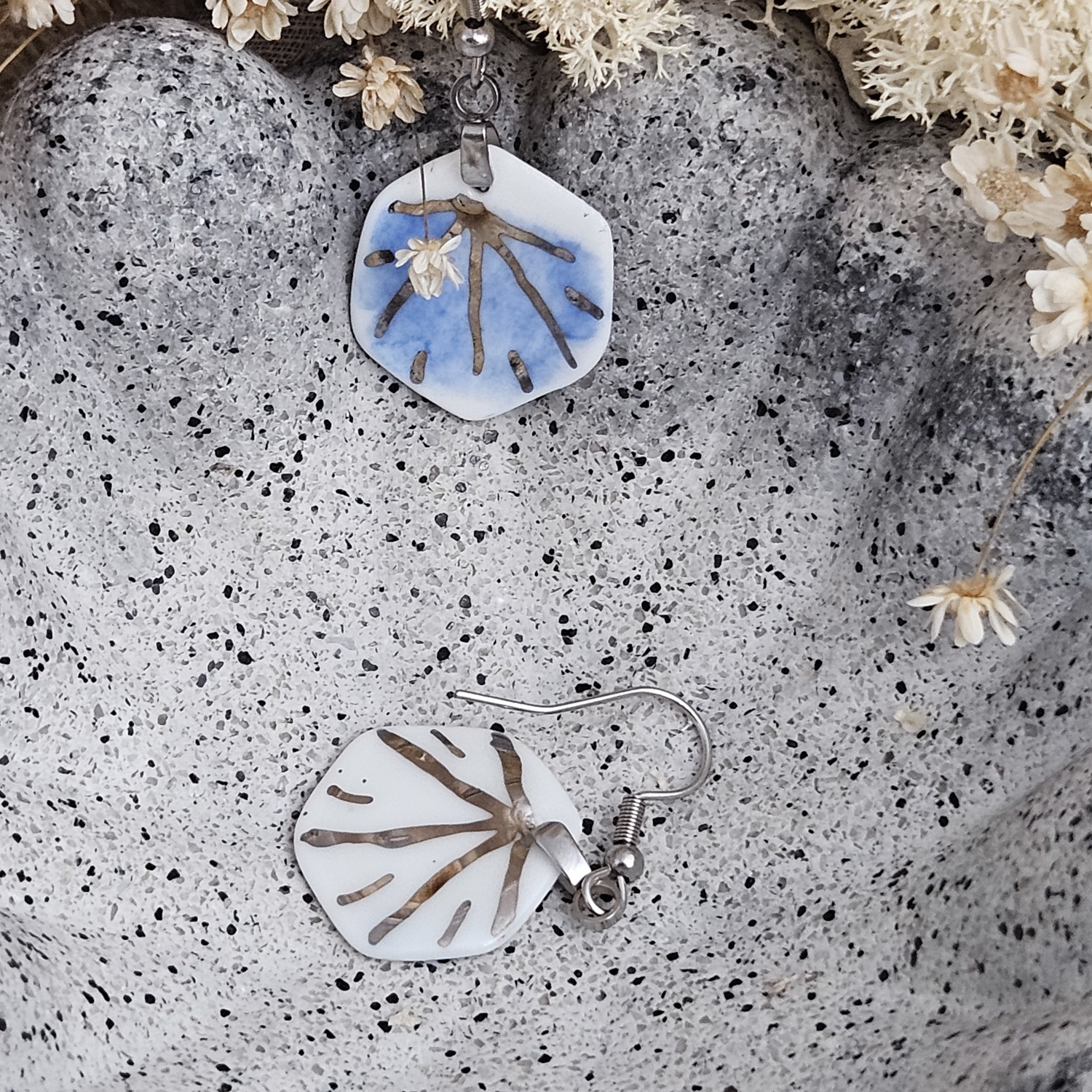 Cobalt blue fine ceramic porcelain dangle designer earrings - hand-painted artisan geometric shell pattern with silver accents (white gold) - Image 2