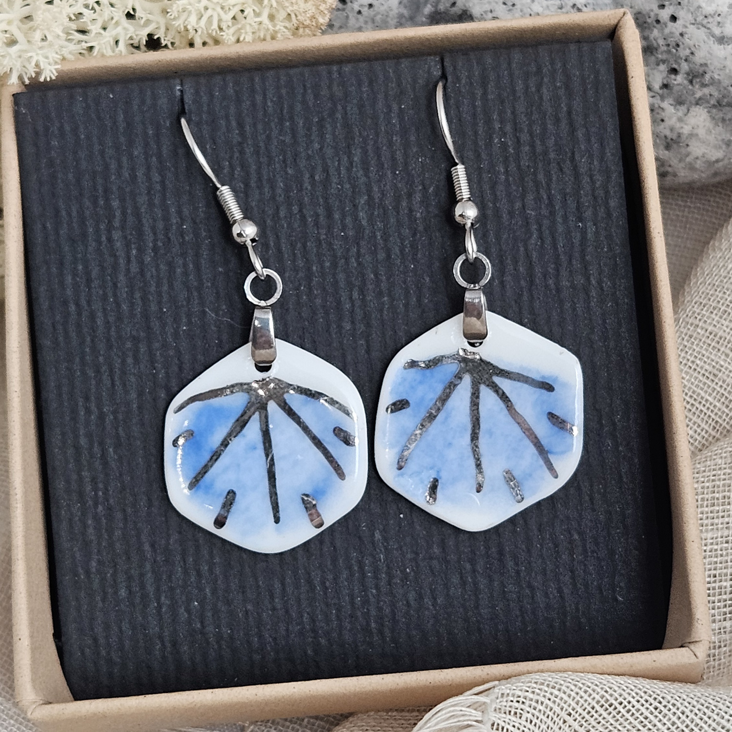 Cobalt blue fine ceramic porcelain dangle designer earrings - hand-painted artisan geometric shell pattern with silver accents (white gold) - Image 5