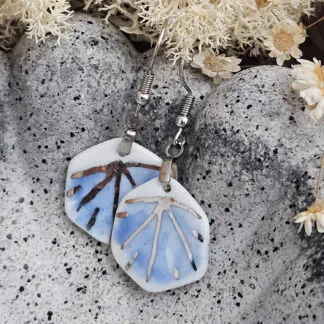Cobalt blue fine ceramic porcelain dangle designer earrings - hand-painted artisan geometric shell pattern with silver accents (white gold)