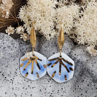 Cobalt blue fine ceramic porcelain dangle designer earrings - hand-painted artisan geometric shell pattern with 22k gold plating