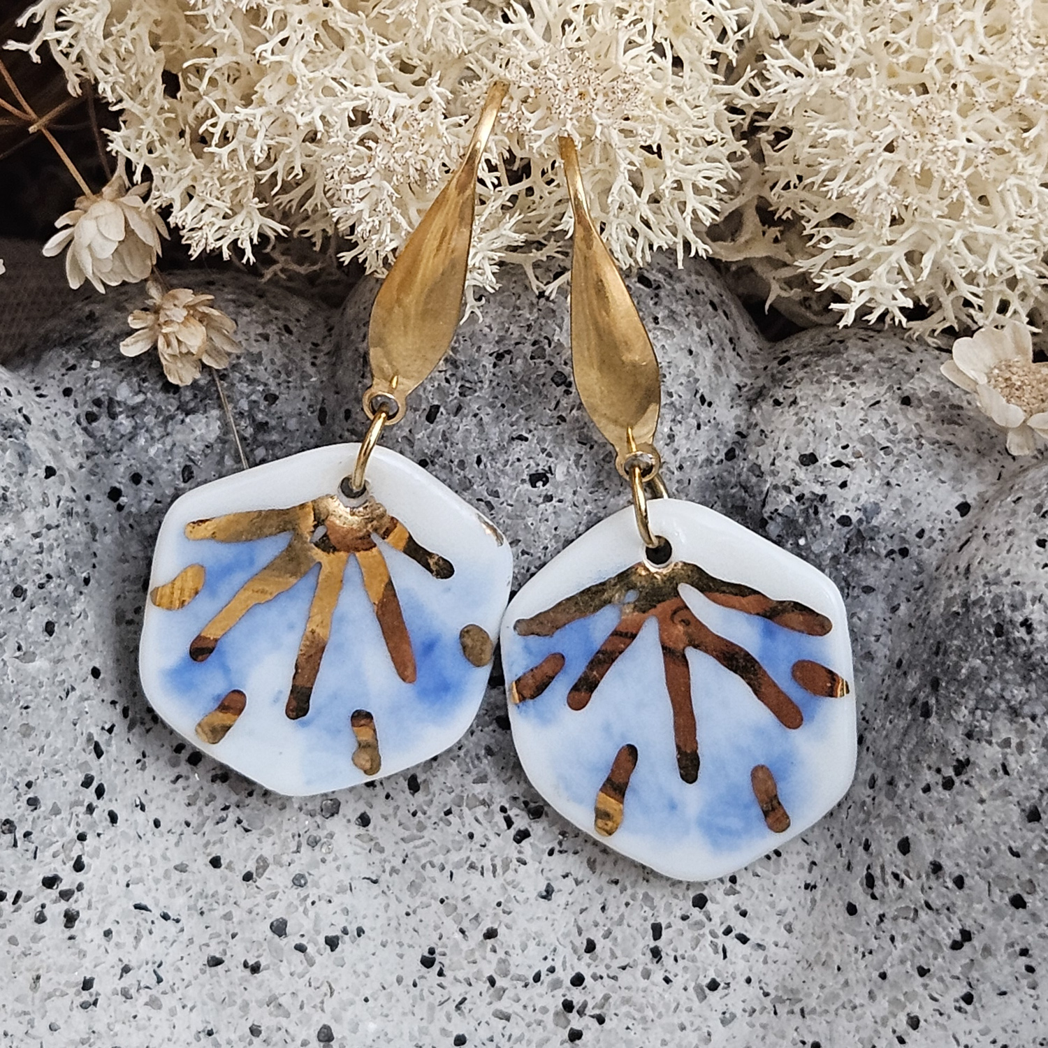 Cobalt blue fine ceramic porcelain dangle designer earrings - hand-painted artisan geometric shell pattern with 22k gold plating - Image 2