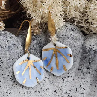 Cobalt blue fine ceramic porcelain dangle designer earrings - hand-painted artisan geometric shell pattern with 22k gold plating