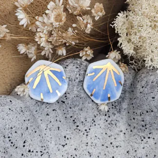 Cobalt blue fine ceramic porcelain hypoallergenic stud designer earrings for sensitive ears - hand-painted artisan geometric shell pattern with 22k gold plating