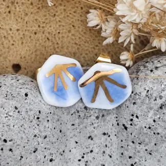 Cobalt blue fine ceramic porcelain hypoallergenic stud designer earrings for sensitive ears - hand-painted artisan geometric shell pattern with 22k gold plating