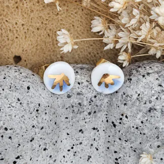Cobalt blue fine ceramic porcelain hypoallergenic stud designer earrings for sensitive ears - hand-painted artisan geometric shell pattern with 22k gold plating