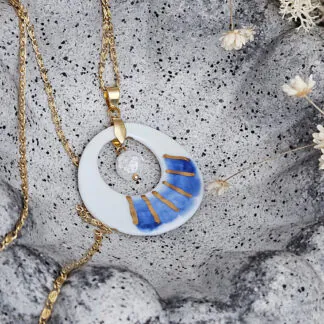 Two-sided blue fine ceramic porcelain designer necklace with ice crystal - hand-painted artisan geometric shell pattern with 22k gold plating