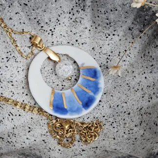 Two-sided blue fine ceramic porcelain designer necklace with ice crystal - hand-painted artisan geometric shell pattern with 22k gold plating