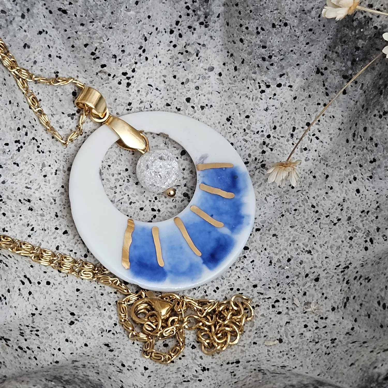 Two-sided blue fine ceramic porcelain designer necklace with ice crystal - hand-painted artisan geometric shell pattern with 22k gold plating