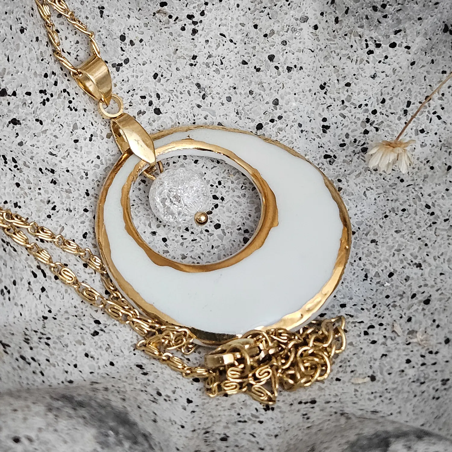 Two-sided blue fine ceramic porcelain designer necklace with ice crystal - hand-painted artisan geometric shell pattern with 22k gold plating - Image 2
