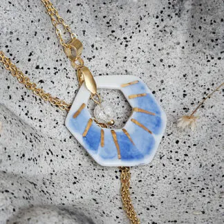 Two-sided blue fine ceramic porcelain designer necklace with ice crystal - hand-painted artisan geometric shell pattern with 22k gold plating