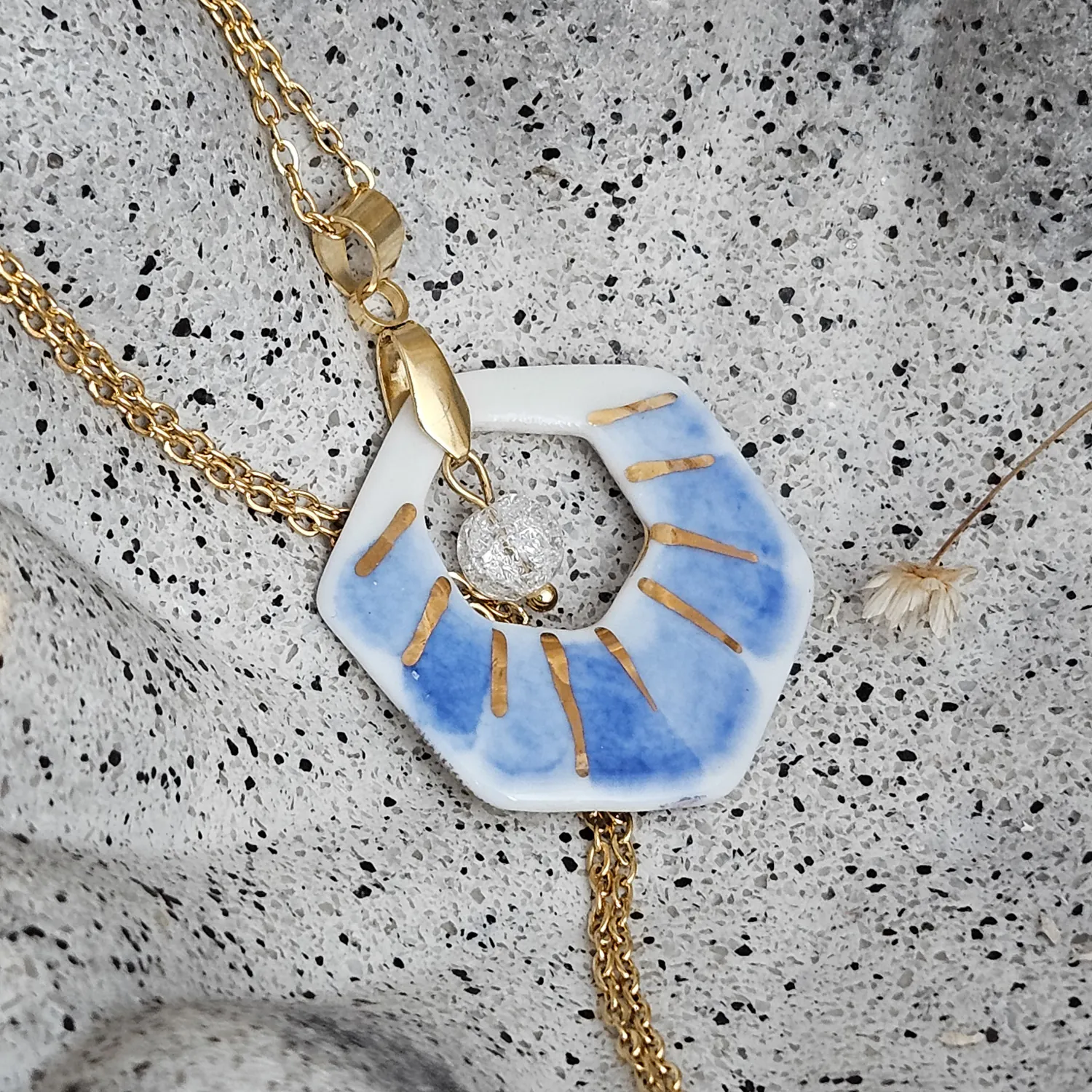 Two-sided blue fine ceramic porcelain designer necklace with ice crystal - hand-painted artisan geometric shell pattern with 22k gold plating