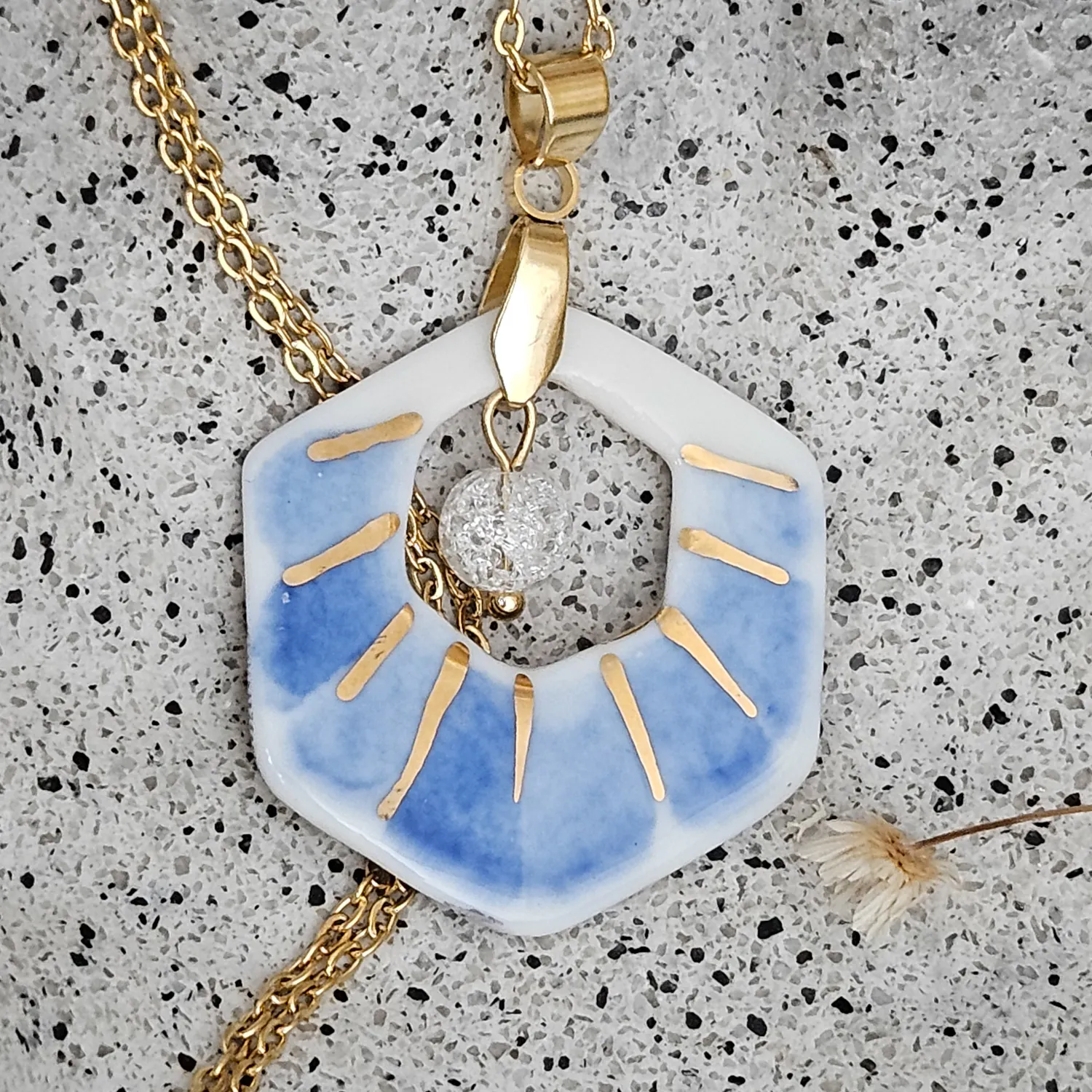 Two-sided blue fine ceramic porcelain designer necklace with ice crystal - hand-painted artisan geometric shell pattern with 22k gold plating - Image 2