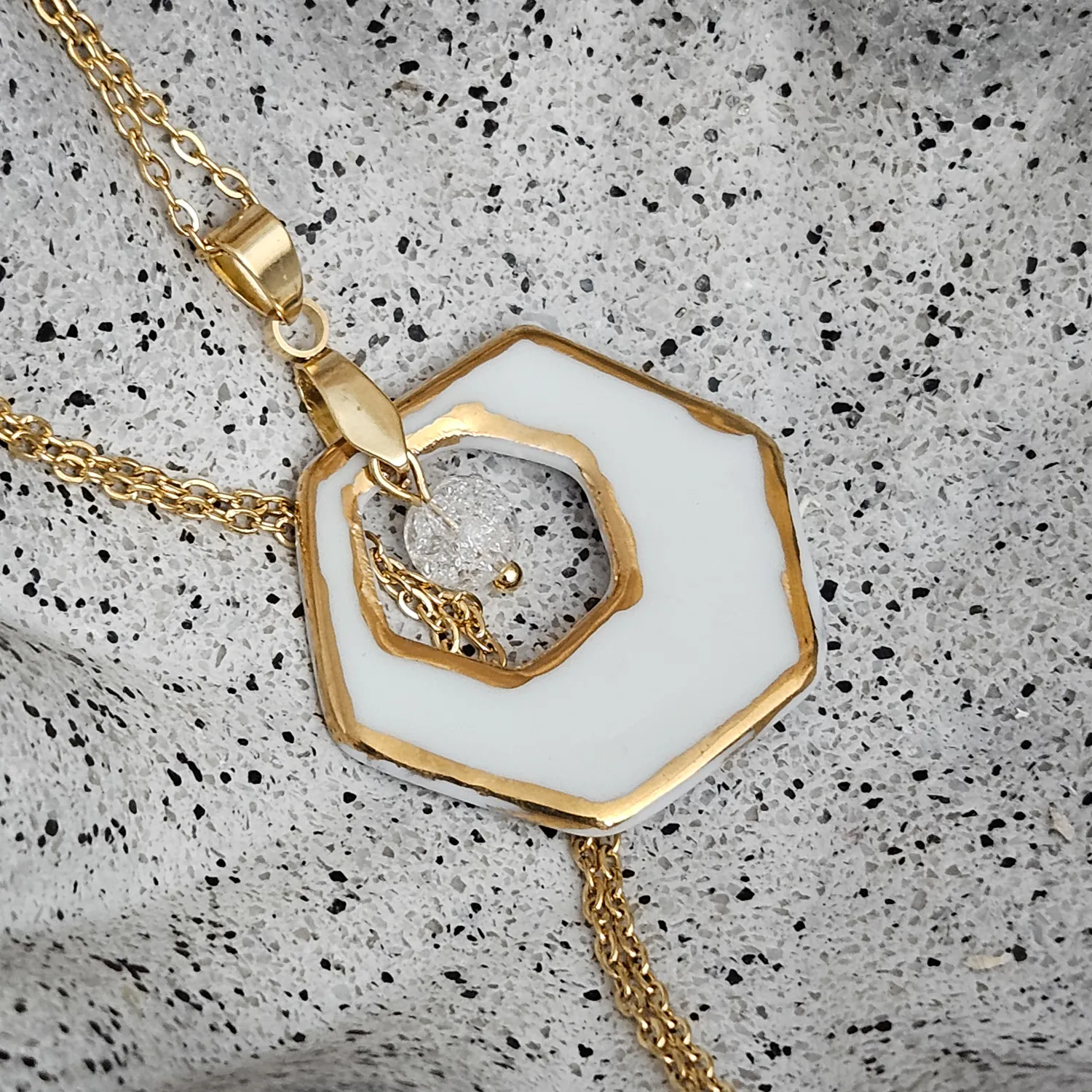 Two-sided blue fine ceramic porcelain designer necklace with ice crystal - hand-painted artisan geometric shell pattern with 22k gold plating - Image 3