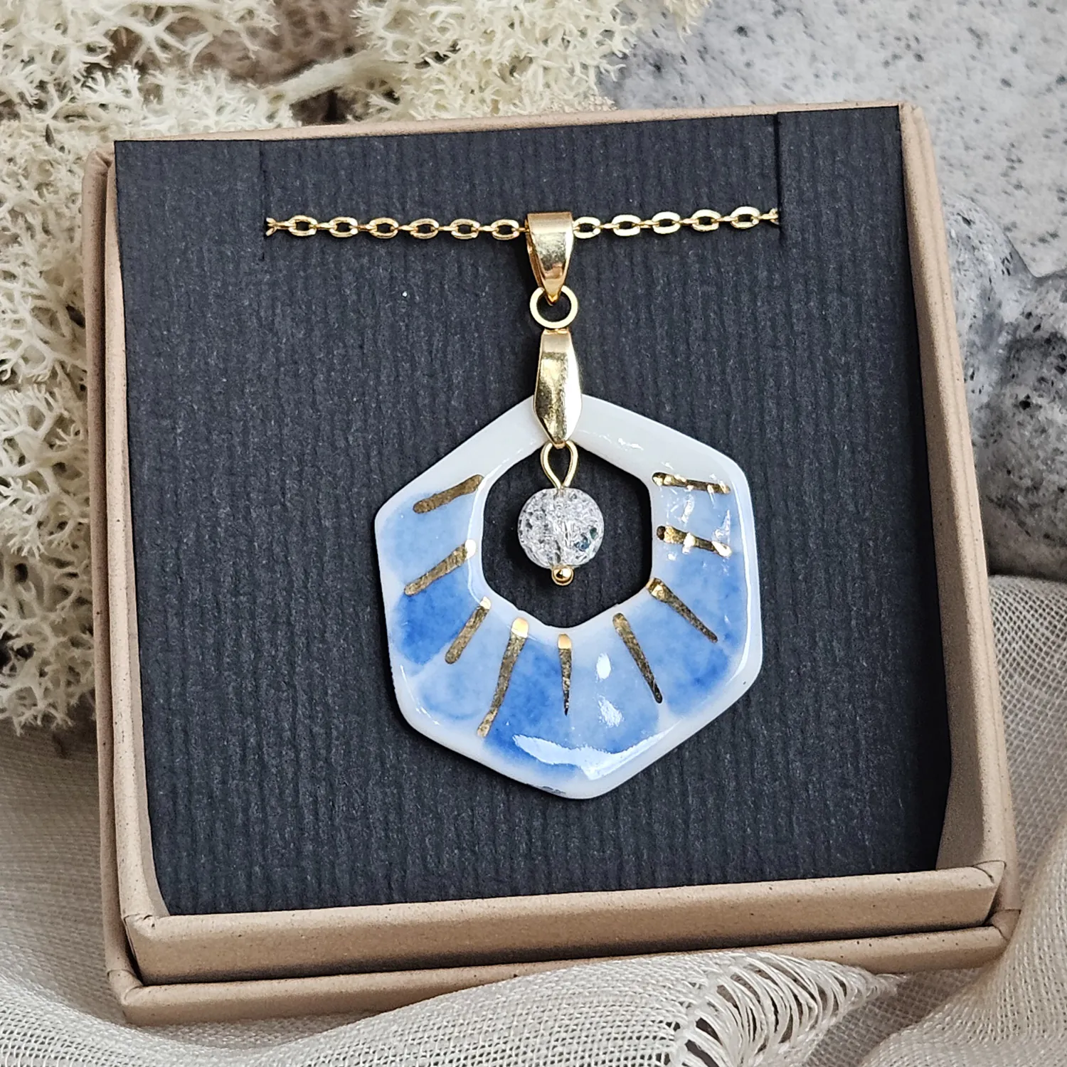 Two-sided blue fine ceramic porcelain designer necklace with ice crystal - hand-painted artisan geometric shell pattern with 22k gold plating - Image 5