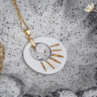 Two-sided pink fine ceramic porcelain designer necklace with ice crystal - hand-painted artisan geometric shell pattern with 22k gold plating