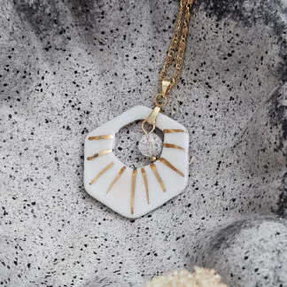 Two-sided pink fine ceramic porcelain designer necklace with ice crystal - hand-painted artisan geometric shell pattern with 22k gold plating